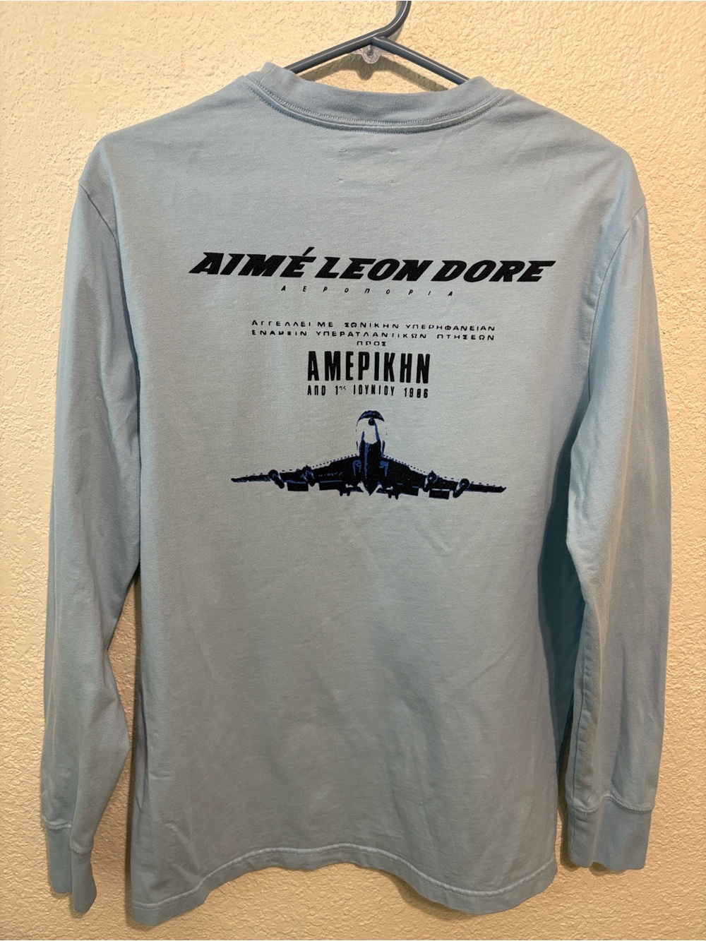 Aime Leon Dore Light Blue Long-Sleeve Shirt with Navy Graphic Plane Print